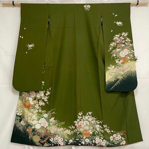 ■呉服屋　禅■ 美品 振袖 丹後ちりめん 金彩加工 型染め 花籠 暈し染 正絹 身丈170cm 裄67cm 和装 和服 着物 #KUR462.