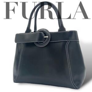 美品 FURLA フルラ ハンドバッグ トートバッグ ベルトモチーフ レザー　黒