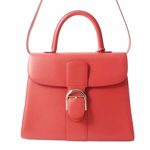 美品◎仏製 DELVAUX デルヴォー Brillant ブリヨン GM レディース 2WAY ハンド／ショルダーバッグ ボックススカーフ コーラル ミラー・袋付