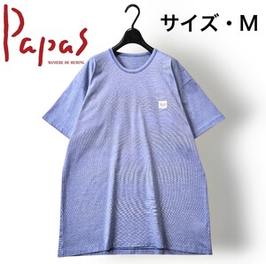 春夏【美品】パパス/ロゴワッペン付き 半袖 Tシャツ/青/メンズM【クリーニング済み】Papas/カットソー/シャツ