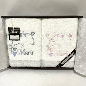 【未使用】Murir ミュリル バスタオル セット 2枚組 ブルー ピンク 綿100% 日本製 刺繍入り 白地 レース ギフト ブドウ柄 バスグッズ