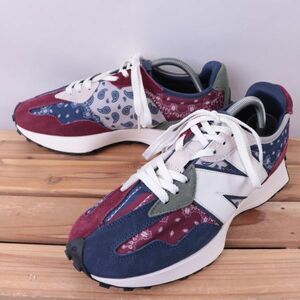 z2815【MS327DWU】ニューバランス US9 27.0cm/紺 ネイビー 赤 エンジ 白 ホワイト系 ペイズリー newbalance メンズ スニーカー 中古