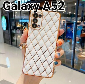 Galaxy A52 ケース　ホワイト　白　ふちどり　メッキ風　格子柄　可愛い　匿名配送