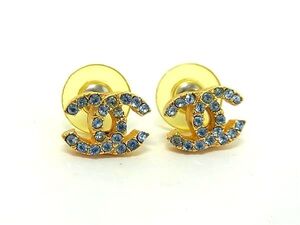 1円 ■美品■ CHANEL シャネル ココマーク 01 P ラインストーン ピアス アクセサリー レディース ゴールド系×ブルー系 FG3214