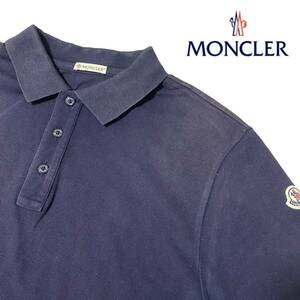 Lサイズ相当【MONCLER】定価6万 半袖ポロシャツ モンクレール ロゴワッペン 釦ロゴ刻印 上品なダークネイビー 極上コットン100% 良品◎