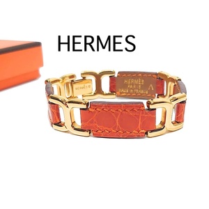 【鑑定済】レア HERMES エルメス ブレスレット ゴールド金具 ○Y刻印 1995年製 クロコダイル ポロサス ∧刻印 オレンジ アクセサリー 希少