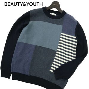 美品★ BEAUTY&YOUTH ユナイテッドアローズ 通年 ボーダー カラーブロック 切替★ コットン ニット セーター Sz.M　メンズ　A4T07551_6#L