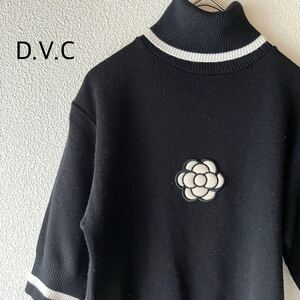 g0309DVC【F】黒 半袖ニット 花刺繍 ビックロゴ 可愛い トータルネック