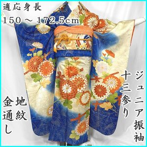 〇きものマーチ〇ジュニア振袖＆袋帯 金通し 地紋 金駒刺繍 十三参り〇状態良好 403aj60