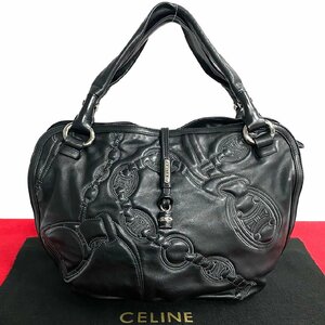 ほぼ未使用 CELINE セリーヌ ビタースウィート マカダム ブラゾン トリオンフ ロゴ レザー 本革 ハンドバッグ トートバッグ ブラック 20153