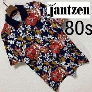 80s Vintage■jantzen ジャンセン■アロハ 花柄 ポロシャツ M ネイビー 赤 OLD MIAMI プルオーバー ハイビスカス ウクレレ オールド