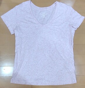 送料無料！H&M(エイチアンドエム)Vネック半袖Tシャツ/ややUネック/ピンクマーブル？ 165/88A レディースMサイズくらい