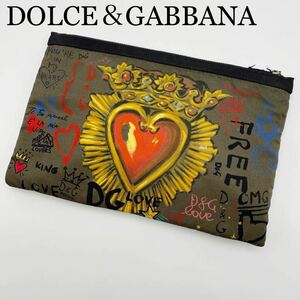 DOLCE＆GABBANA ドルチェ&ガッバーナ クラッチバッグ 大きめポーチ ハート柄 カーキ系 ナイロン