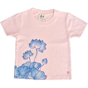 キッズ Tシャツ 130サイズ ピンク 蓮柄Tシャツ 手描きで描いた蓮の花柄Tシャツ 半袖 和柄 和風 レトロ ハンドメイド