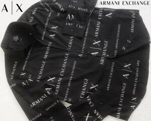 新品★アルマーニ★大きいサイズ★オーガニック ブラック 長袖 ドレスシャツ★フロント ロゴプリント 黒 XXL★ARMANI★670