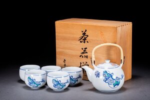 【清】某有名オークション買入 時代物 伊万里・有田 孝山作 染付き 柿右衛門式 茶器揃い 五客 共箱 茶煎道具 骨董品 古美術