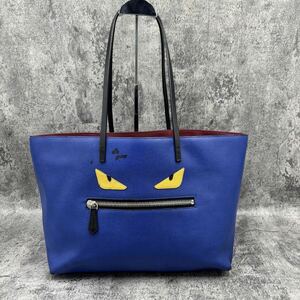 美品 FENDI フェンディ モンスター トートバッグ ロールバック レザー ロゴ ハンドバッグ ブルー 人気モデル 希少モデル 青 A4 大容量