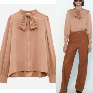 ZARA ピンク系 プリーツリボンタイ サテンブラウス M美中古　長袖/アプリコット/テラコッタ/とろみ