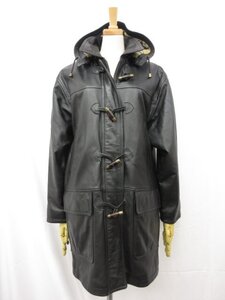 美品【バーバリーロンドン BURBERRY LONDON】BBチェック柄裏地 2WAY フード付レザーダッフルコート (レディース) 8 ブラック □17LW1586□