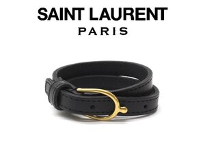 10万新品◆M◆SAINT LAURENT【サンローラン】レザーダブルラップ ホースビットモチーフブレスレット 男女兼用 黒×ゴールド 1円