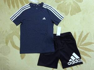 送料込み!!★新品★adidasアディダス★140★３ストライプ半袖Ｔシャツ(杢ネイビー)・ビッグロゴハーフパンツ(紺)★上下★即決