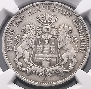 ☆送料無料☆ 希少コイン！ 1912年 ドイツ ハンブルク ３マルク 銀貨 NGC AU58 アンティークコイン ドイツ連邦共和国の紋章 ハンブルク紋章