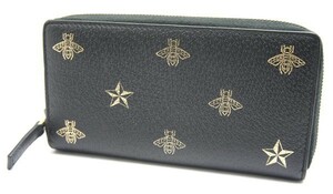 中古 美品 GUCCIグッチ ビー&スター ラウンドファスナー長財布 ブラック レザー 495062