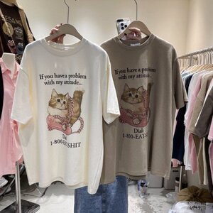 Tシャツ レディーストップス デザイン 韓国ファッション ゆったり 猫 M ブラック