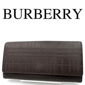 BURBERRY バーバリー 長財布 チェック柄 がま口 エンボス 総柄 レザー