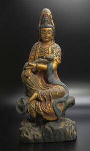 清 木雕彩絵観音坐像 中国 古美術