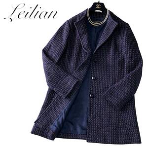 A16◆極美品 レリアン Leilian 大きいサイズ 11 L XL 前後 ツイード ウール シングル コート ジャケット アウター 身幅52cm 美ライン 秋冬