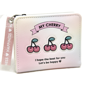 新品 コンパクトウォレット ピンク さくらんぼ 折り財布 ラウンドファスナー 未使用 レディース チャック かわいい