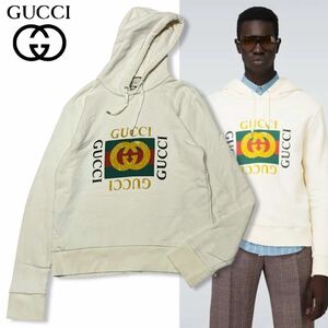 27 国内正規品 GUCCI グッチ 454585 X5J57 OVERSIZE SWEATSHIRT ダメージ加工 スウェット フーディー パーカー GGマーモント ロゴ ベージュ