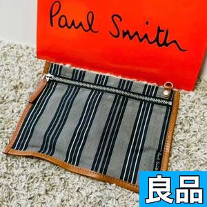 良品 ポールスミス PaulSmith レザーストライプ ポーチ デニム インディゴ ネイビー メンズ レディース ユニセックス 財布 バッグ 8534