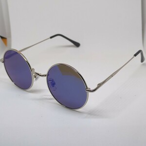 アウトレット 大きめが可愛い50mm丸型サングラス UV 丸メガネ ブルーミラーレンズ シルバー 銀縁 メンズ レディース