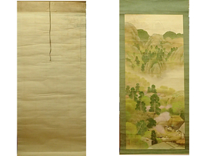 大幅 文渓 日本画 色山水 文溪 掛け軸　掛軸　絹に彩色　角骨軸 　中古　Japanese Hanging scroll