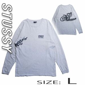 【美品】Lサイズ　STUSSY 　ステューシー　ロンT　長袖　Tシャツ　モトクロス　グレー　スケートボード　スケボー　スケーター