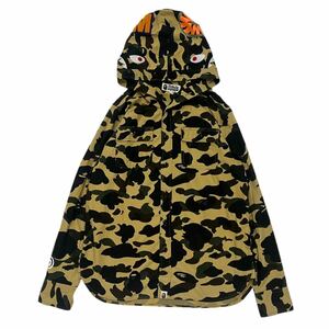 【 A BATHING APE 】 美品 シャーク カモ ワッペン シャツ パーカ L フード 迷彩 CAMO 柄 アベイシングエイプ 長袖