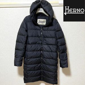 1円 極美品 Herno ヘルノ ダウンコート ロングダウンジャケット 黒 ブラック 44 XL 2XL フード着脱可能 ハイネック ニット レディース