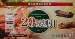 安楽亭　株主優待券　20%割引券１枚　2025/6/末日