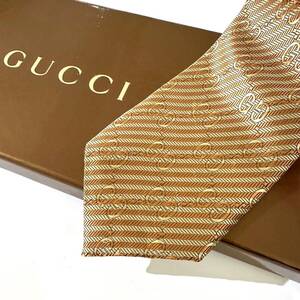 美品 GUCCI ネクタイ シルク100% ゴールド ストライプ 2410-463