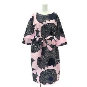 マリメッコ marimekko HIMAWARI BIAK DRESS ワンピース ロング ミモレ 七分袖 40 紺 ピンク 白 /DO ■OS ■SH レディース