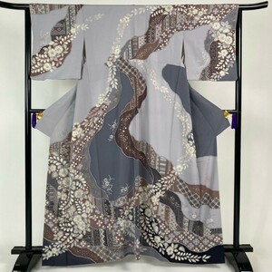 訪問着 翠山 辻が花 華 格子 絞り 正絹 グレー 茶 身丈163cm 裄丈66cm y288-2651446【Y商品】和装 着物 3