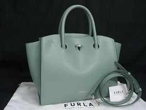 1円 ■新品同様■ FURLA フルラ GENESI レザー 2WAY ハンドバッグ ショルダー クロスボディ 斜め掛け 肩掛け グリーン系 FL0099