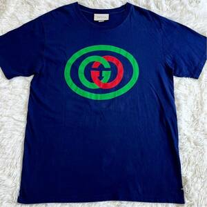 美品 グッチ【人気デザイン】 GUCCI 半袖 tシャツ カットソー トップス インターロッキング シェリー ロゴ メンズ ネイビー サイズL