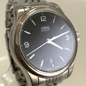 定価15.3万円 美品 ORIS オリス クラシックデイト 自動巻き 腕時計 733 7578 4034M 裏スケ 黒文字盤 メンズ 質屋の質セブン