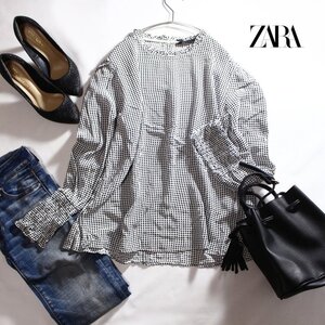 美品 ZARA woman ザラ ウーマン 春 夏 シンプル とろみ X柄 長袖 シフォンカットソー ブラウス M ブラック 黒 ホワイト 白 ゆったり