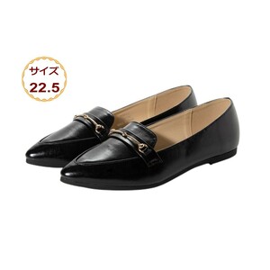 22.5cm ブラック スムース レディース フラット パンプス Angel fit ポインテッド ・ トゥ バレエシューズ 20442-blk-smo-225