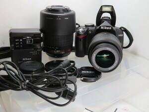 ★動作品★Ｎｉｋｏｎ Ｄ3000★ブラック 本体・ＶＲ・Ｎｉｋｏｎ ＤＸ ＡＦ-Ｓ ＮＩＫＫＯＲ18-55/55-200ｍｍレンズ・フラッシュ確認