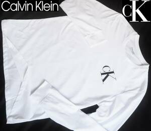 新品★カルバンクライン★爽やかな ホワイト ロンT★ブラック ロゴプリント★長袖Tシャツ 白 黒 XL★Calvin Klein CK☆408